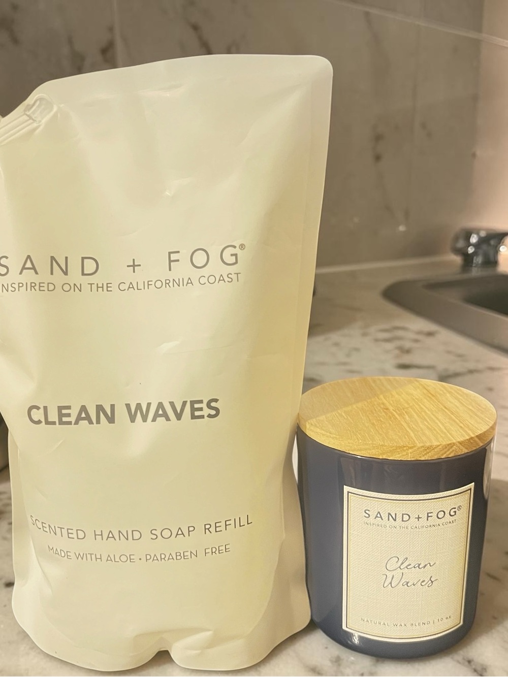 SAND + FOG Clean Waves Scented Hand Soap Refill & Candle Set - Cream & Blue